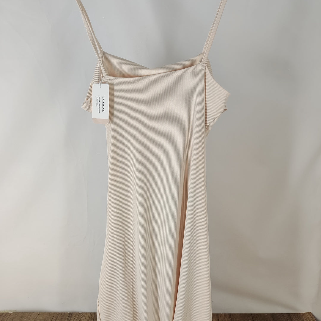 CUZIUAE Apricot Sleeveless Long Skirt, Slim Fit Knitted Dress for Women