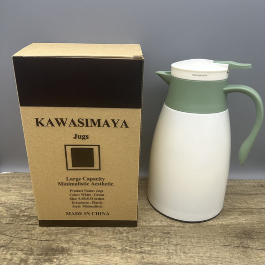 KAWASIMAYA Insulated Water Jug - 1L Large Capacity Thermal Kettle for Dorm & Home, White-Green Minimalist Design