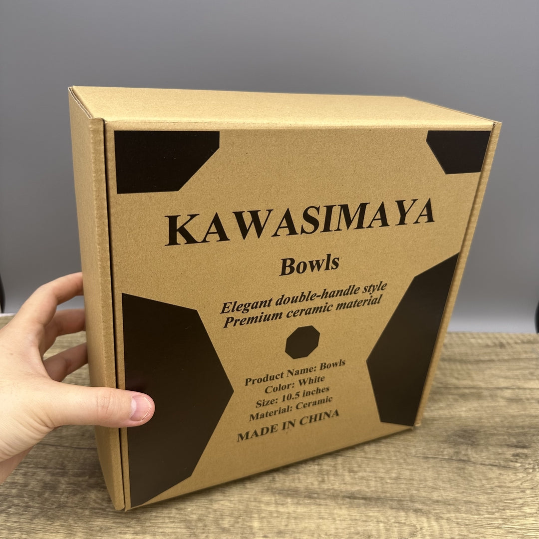 KAWASIMAYA Ceramic Soup Bowls, 10.5-inch White Large Serving Dish with Handles, Modern Dining Cookware