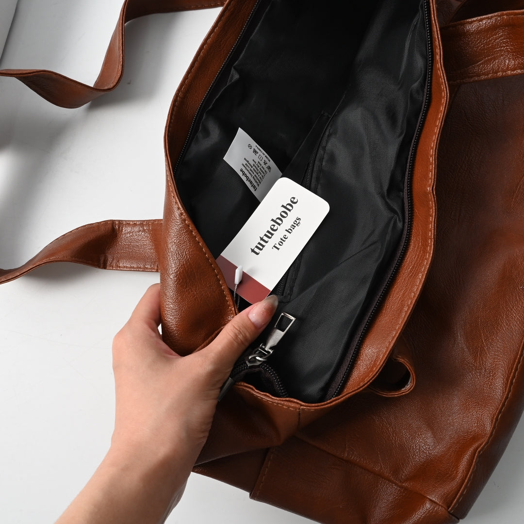 tutuebobe Elegant Brown PU Leather Tote Bags Spacious Designer Fashion Handbags for Women Professional Work Shopping and Travel Everyday Carry All Shoulder Bags