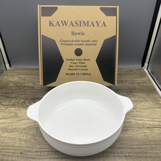 KAWASIMAYA Ceramic Soup Bowls, 10.5-inch White Large Serving Dish with Handles, Modern Dining Cookware