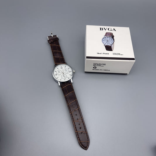 BVGA Men's Watch - Stylish White Dial with Brown Leather Strap for Every Occasion