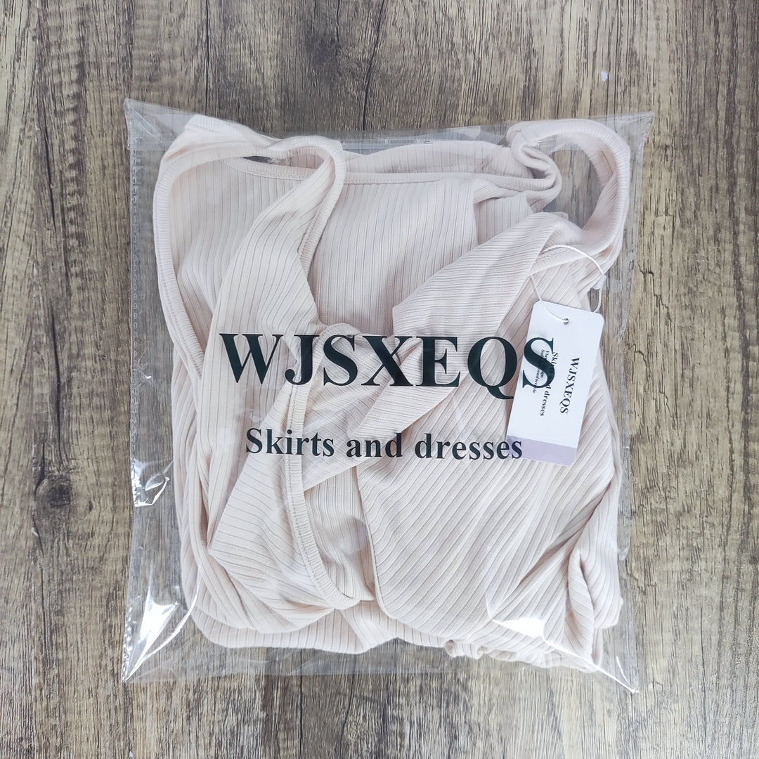 WJSXEQS Elegant Apricot Sleeveless Long Dress - Slim Fit, Soft Knitted, Versatile Style