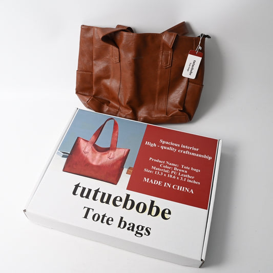 tutuebobe Elegant Brown PU Leather Tote Bags Spacious Designer Fashion Handbags for Women Professional Work Shopping and Travel Everyday Carry All Shoulder Bags