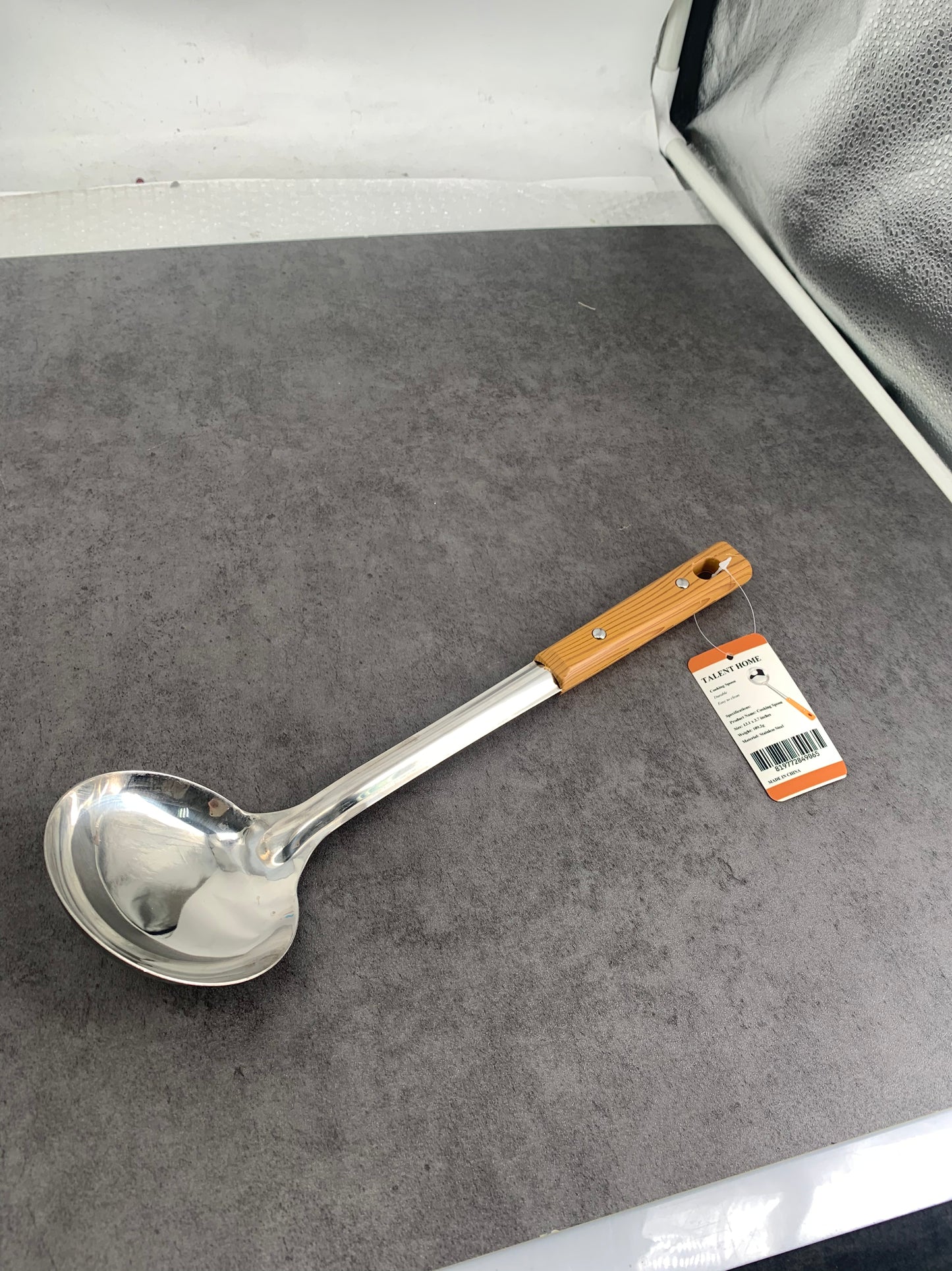 TALENT HOME Long Handle Stainless Steel Soup Ladle for Stirring Serving Soups In Wood Color