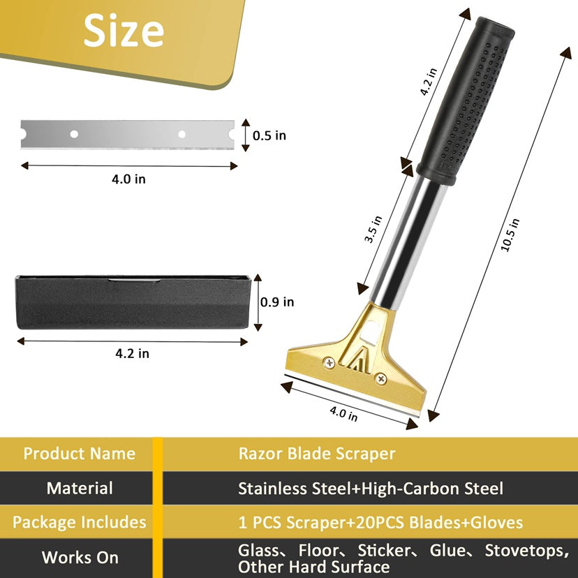 Razor Blade Scraper, 4 In Floor Scraper Tool with 20PCS Extra Metal Blades, Long Handle Paint Scraper Ideal for Cleaning Stove Top, Windows, Glass, Tiles, Wall, Labels