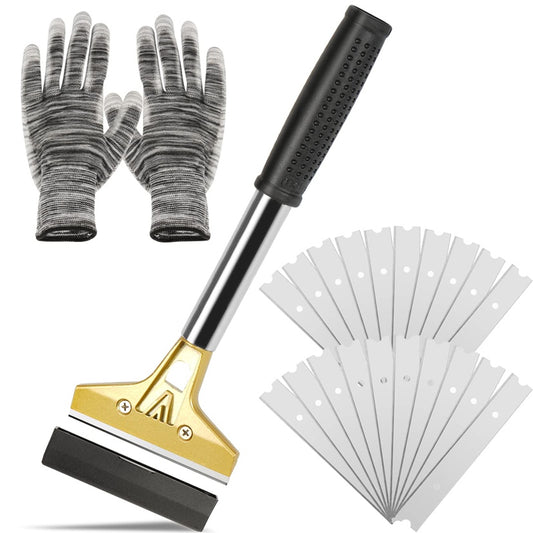 Razor Blade Scraper, 4 In Floor Scraper Tool with 20PCS Extra Metal Blades, Long Handle Paint Scraper Ideal for Cleaning Stove Top, Windows, Glass, Tiles, Wall, Labels