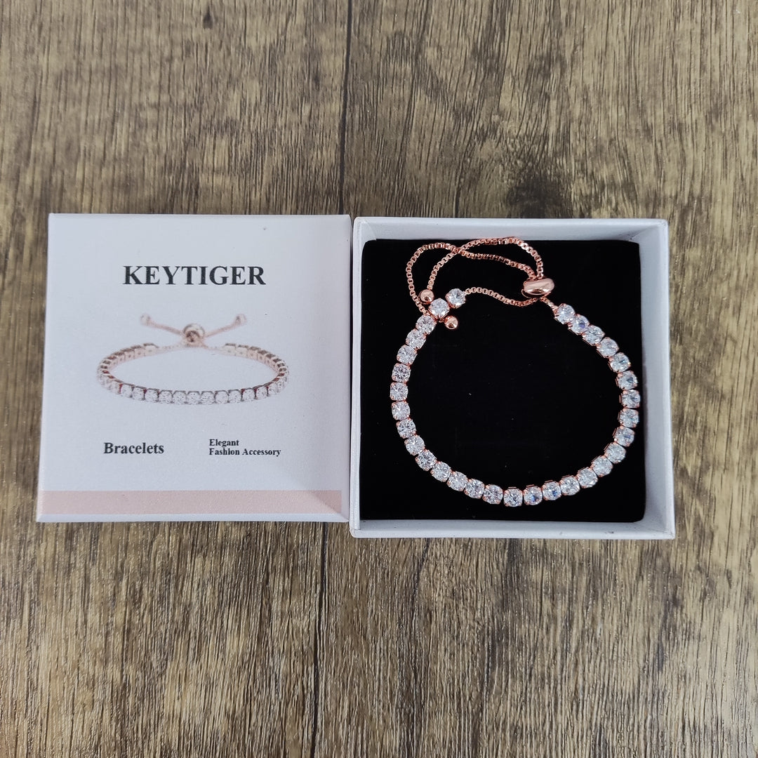 KEYTIGER Simple Copper Zircon Adjustable Crystal Bracelet for Women - Elegant Rose Gold