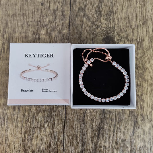 KEYTIGER Simple Copper Zircon Adjustable Crystal Bracelet for Women - Elegant Rose Gold