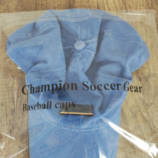 Champion Soccer Gear Blue Cotton Baseball Cap, Adjustable Duckbill Hat with 22.0-23.6in Circumference