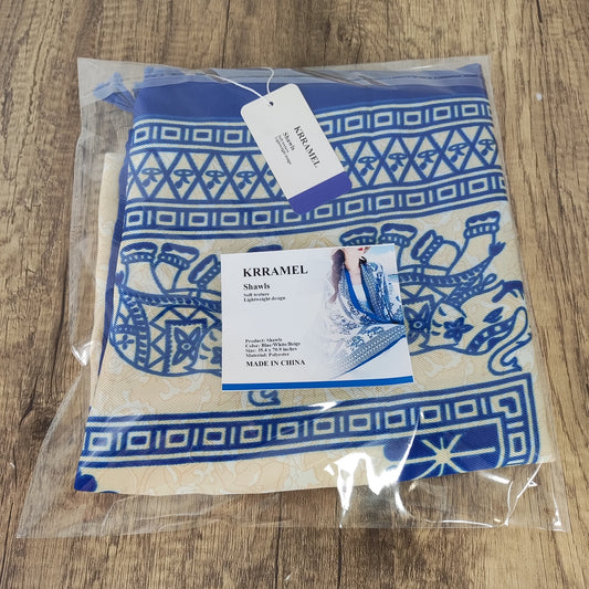 KRRAMEL Ethnic Style Shawl with Elephant Pattern - Polyester, Blue/White/Beige, 35x71in