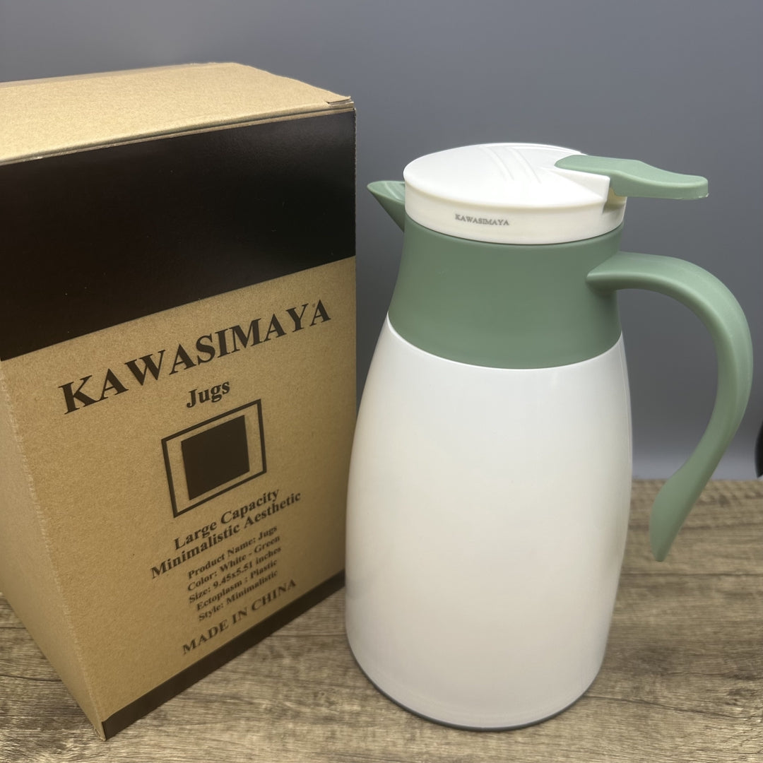 KAWASIMAYA Insulated Water Jug - 1L Large Capacity Thermal Kettle for Dorm & Home, White-Green Minimalist Design