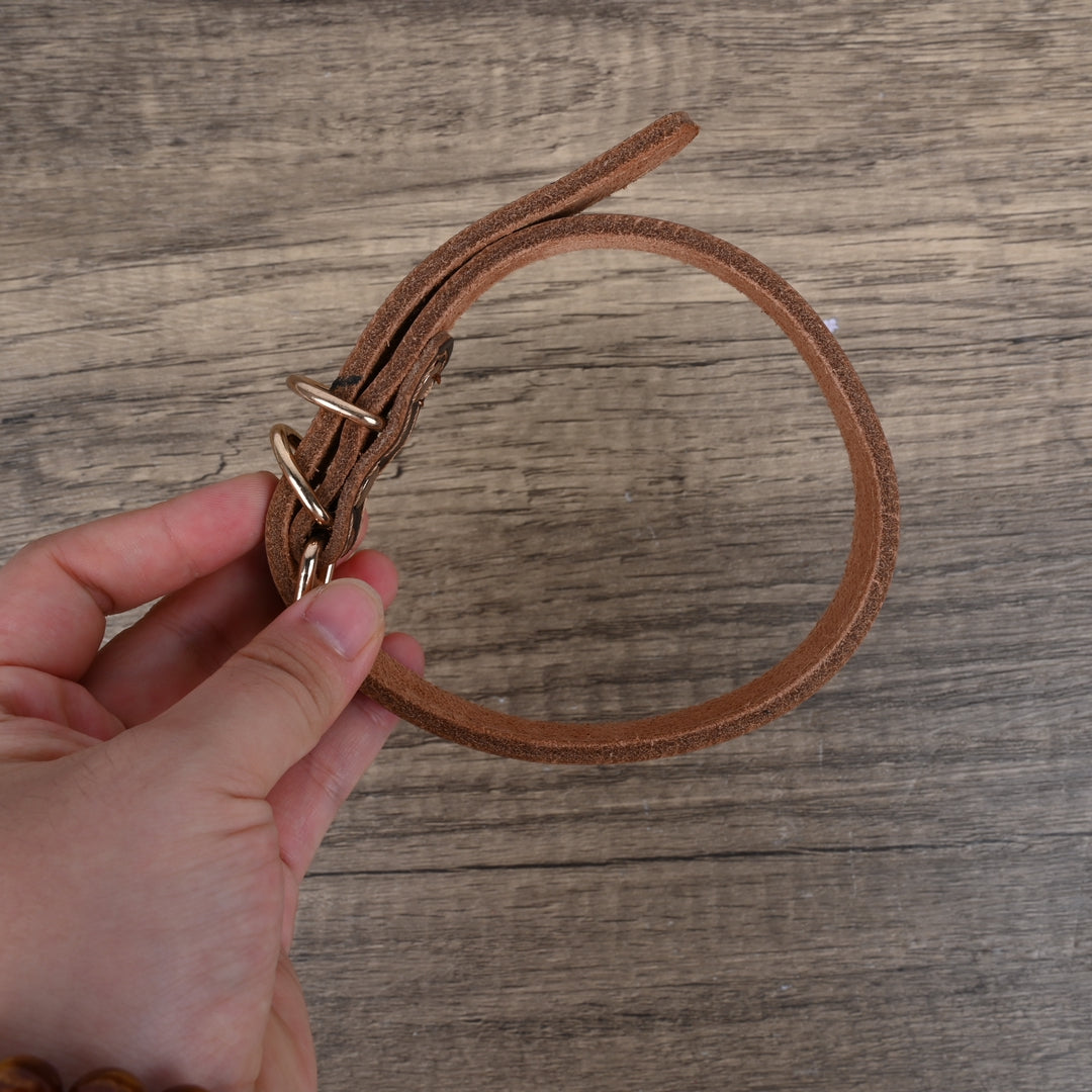 DHTails Premium Genuine Leather Dog Collars XS Size Classic Brown Dog Collars for Small Dogs