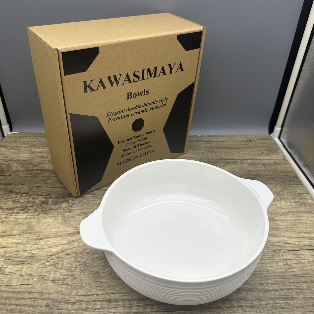 KAWASIMAYA Ceramic Soup Bowls, 10.5-inch White Large Serving Dish with Handles, Modern Dining Cookware