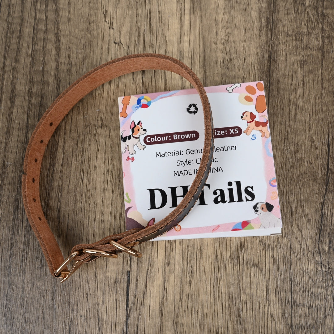 DHTails Premium Genuine Leather Dog Collars XS Size Classic Brown Dog Collars for Small Dogs
