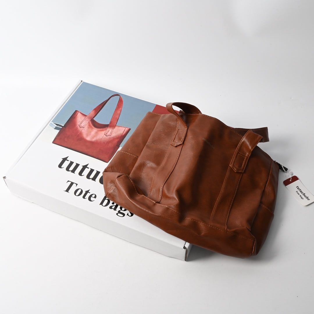 tutuebobe Elegant Brown PU Leather Tote Bags Spacious Designer Fashion Handbags for Women Professional Work Shopping and Travel Everyday Carry All Shoulder Bags