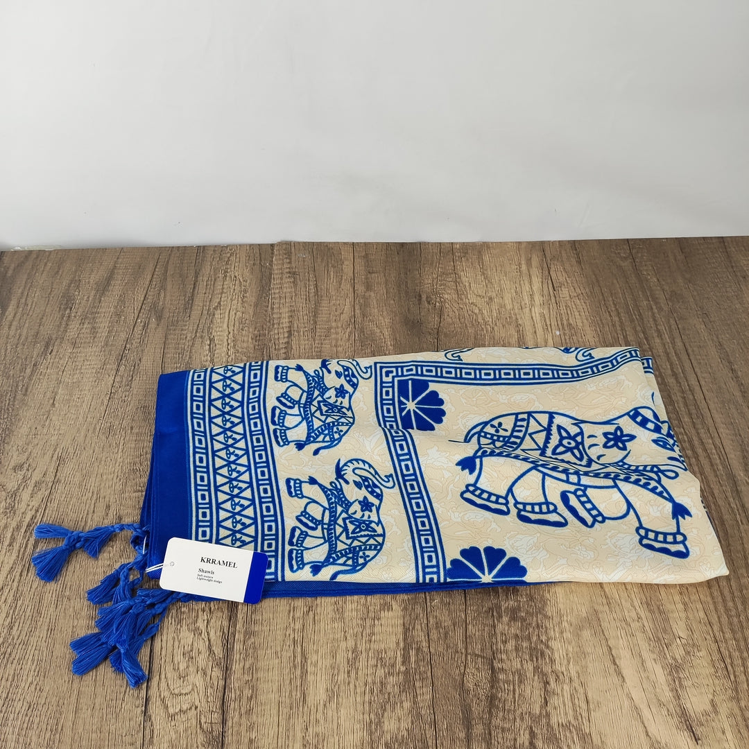 KRRAMEL Ethnic Style Shawl with Elephant Pattern - Polyester, Blue/White/Beige, 35x71in