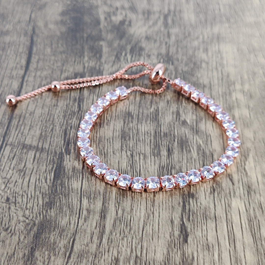 KEYTIGER Simple Copper Zircon Adjustable Crystal Bracelet for Women - Elegant Rose Gold