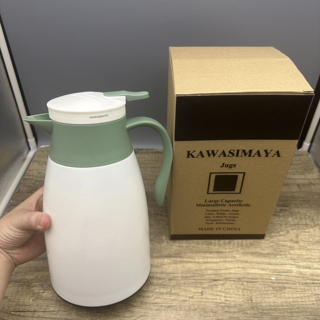 KAWASIMAYA Insulated Water Jug - 1L Large Capacity Thermal Kettle for Dorm & Home, White-Green Minimalist Design
