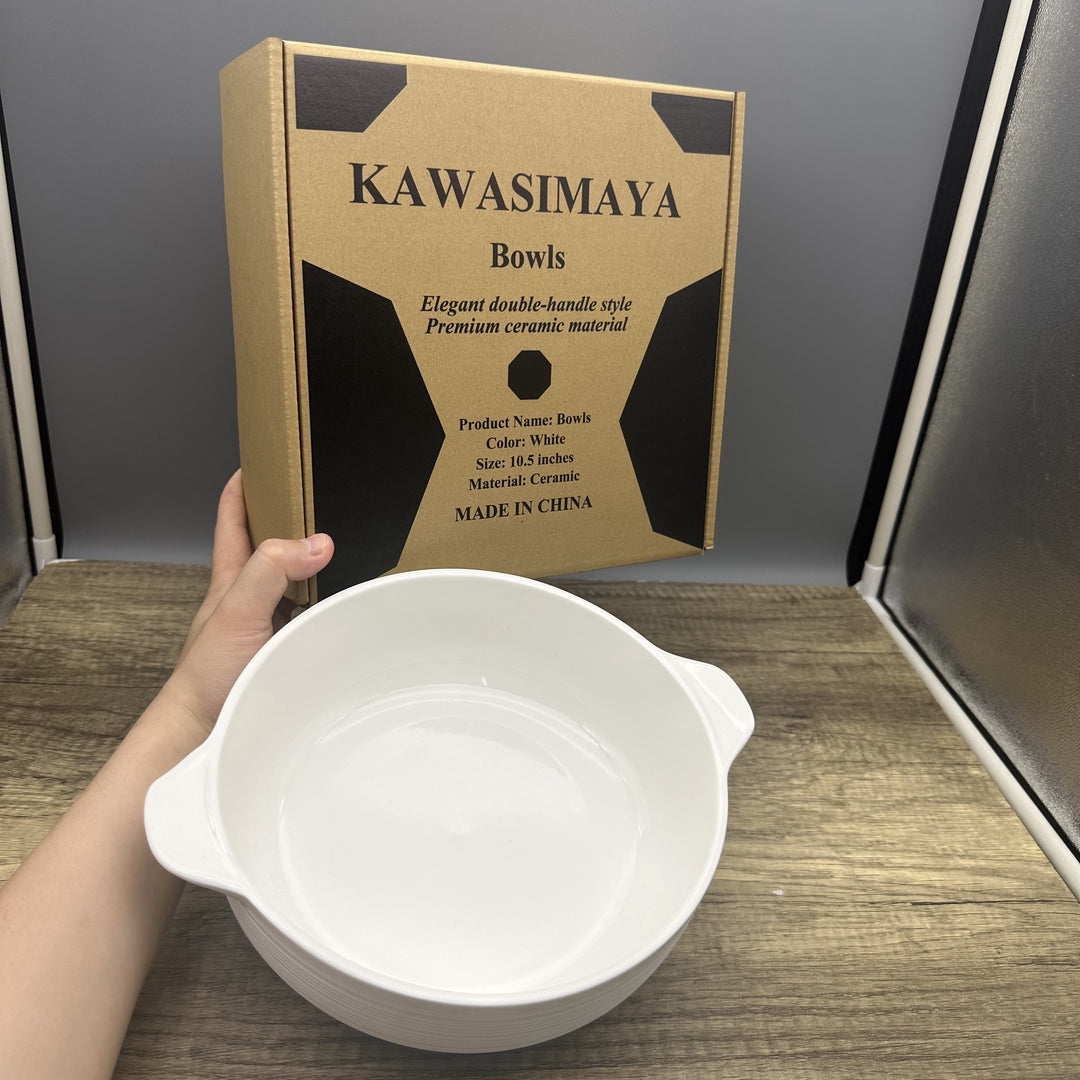 KAWASIMAYA Ceramic Soup Bowls, 10.5-inch White Large Serving Dish with Handles, Modern Dining Cookware