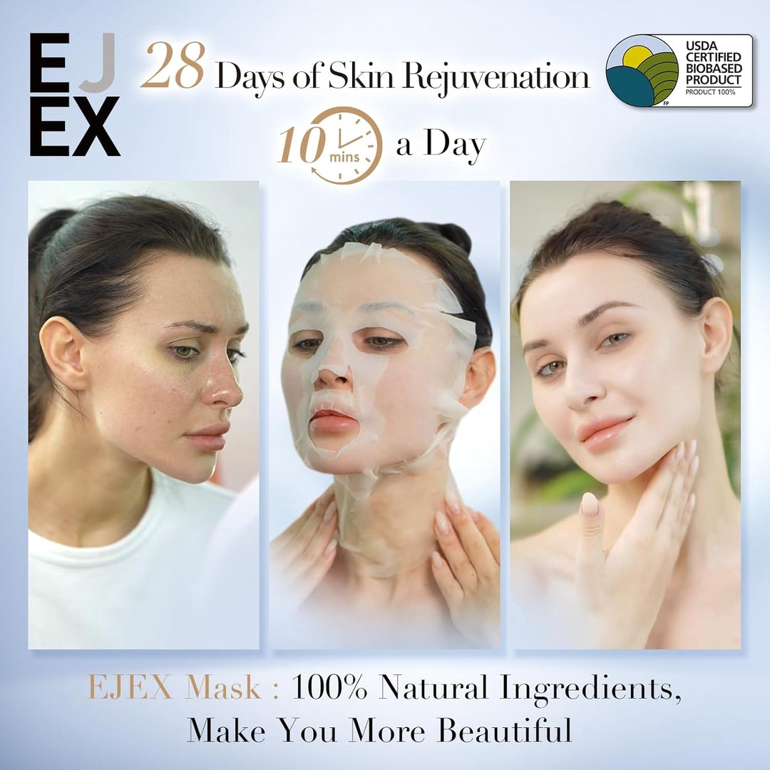 EJEX Face and Neck Sheet Mask,Hydrating Face Masks Skincare, Bio-Based Collagen Mask for Sensitive Skin,Chemical Free,Redness Reducing&Soothing&Repairing Facial Mask for Skin Care,38gx5ea