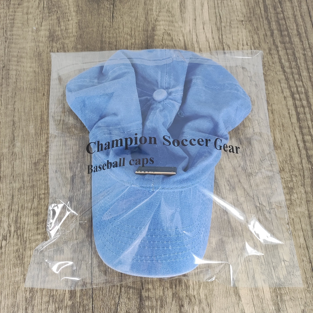 Champion Soccer Gear Blue Cotton Baseball Cap, Adjustable Duckbill Hat with 22.0-23.6in Circumference