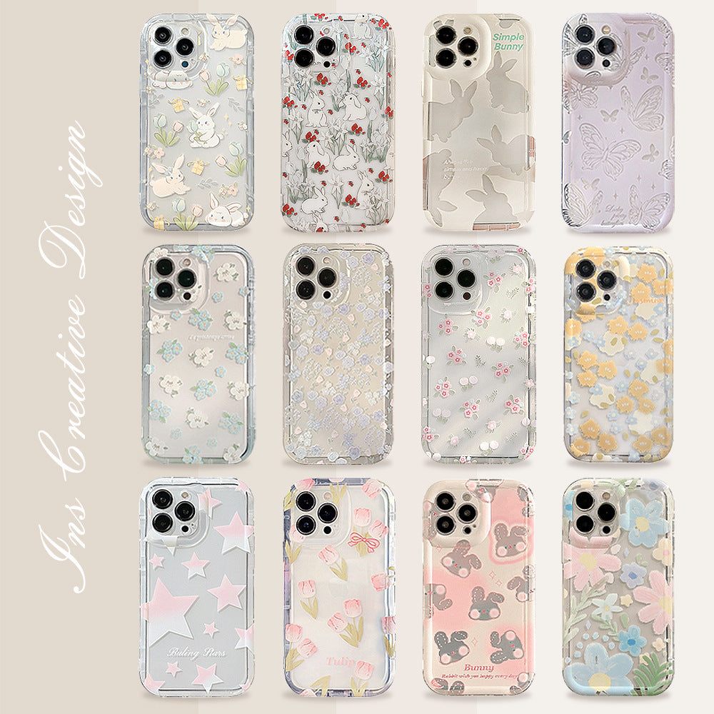 Blossom Bunny iPhone 14 Case: Soft, Transparent TPU Cover for 15 Plus/13 Pro Max/12