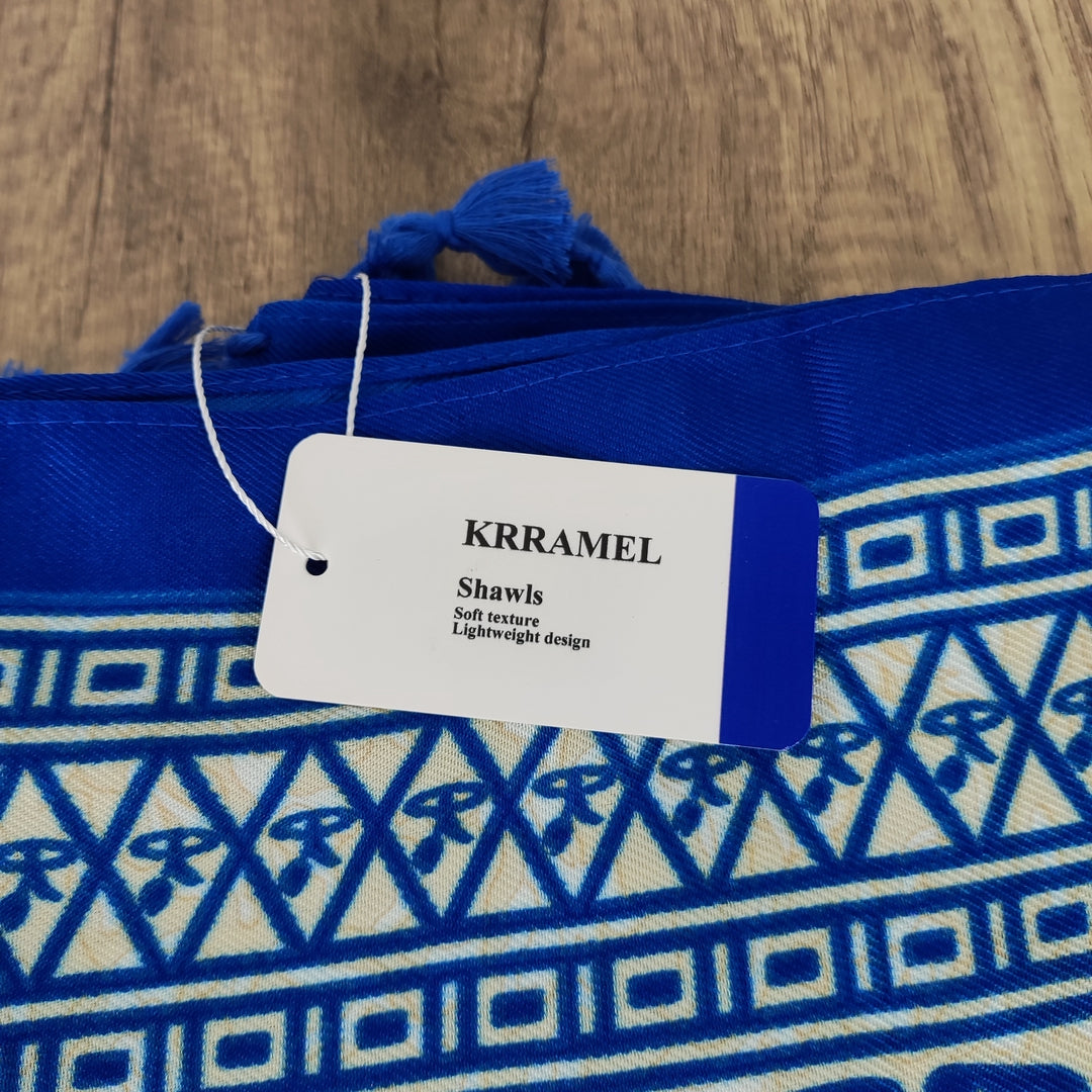 KRRAMEL Ethnic Style Shawl with Elephant Pattern - Polyester, Blue/White/Beige, 35x71in