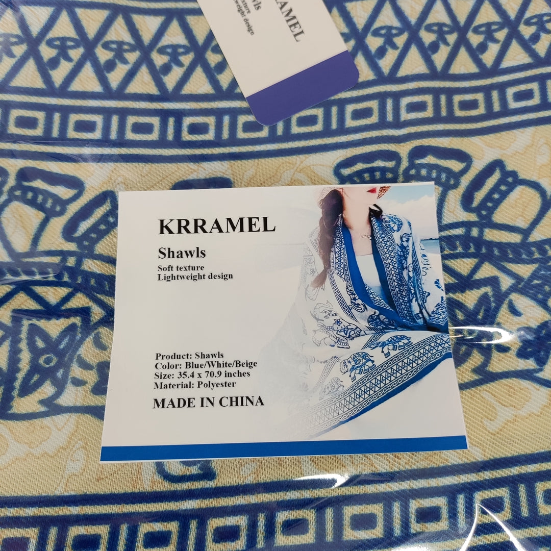 KRRAMEL Ethnic Style Shawl with Elephant Pattern - Polyester, Blue/White/Beige, 35x71in