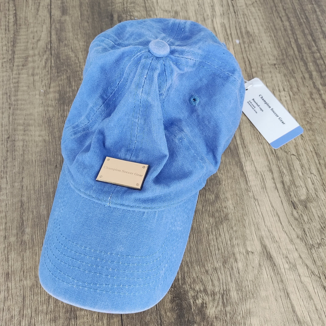 Champion Soccer Gear Blue Cotton Baseball Cap, Adjustable Duckbill Hat with 22.0-23.6in Circumference