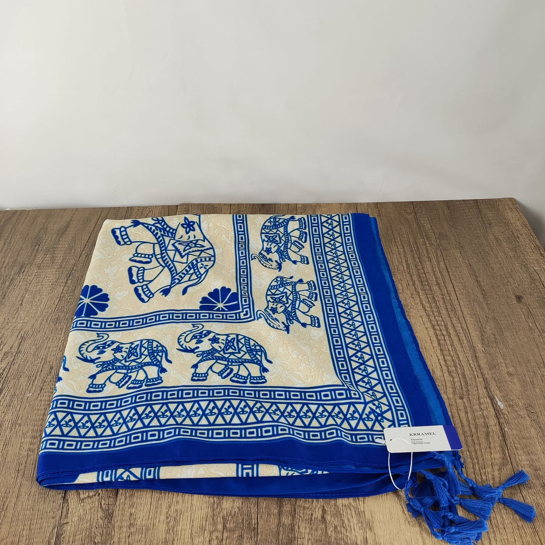 KRRAMEL Ethnic Style Shawl with Elephant Pattern - Polyester, Blue/White/Beige, 35x71in