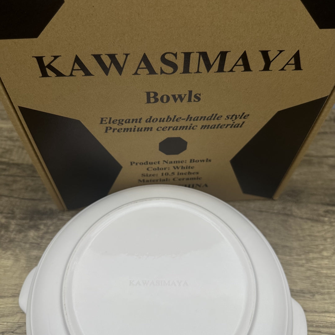 KAWASIMAYA Ceramic Soup Bowls, 10.5-inch White Large Serving Dish with Handles, Modern Dining Cookware