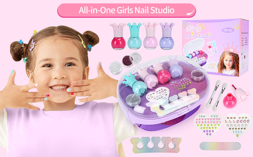 Cherry Tale Kids Nail Polish Set for Girls, Peelable Nail Art Kit with Nail Dryer, Nail Studio Birthday Gifts for Little Girls Age 5-12