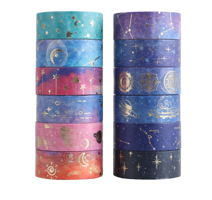 New Arrivals 12 Pcs/Set Stars Planet Washi Tape Gold Foil Masking Tape Kawaii Decorative Adhesive Tape Sticker